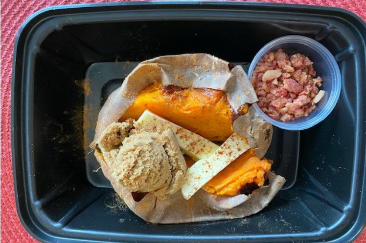 Smoky baked sweet potato with bacon side dish from Meal Village