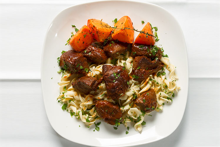 Beef Paprikash with Egg Noodles and Roasted Carrots from Meal Village prepared meal delivery
