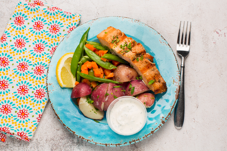 Grilled Salmon with Dill Remoulade and Potatoes from Meal Village prepared meal delivery