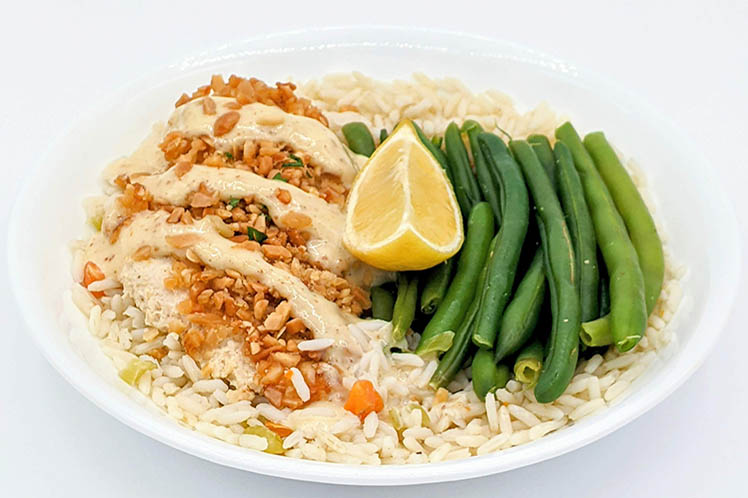 Almond Crusted Chicken with Rice Pilaf and Green Beans from Meal Village prepared meal delivery
