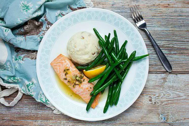 Pan Roasted Salmon with Garlic Mashed Potatoes from Meal Village prepared meal delivery