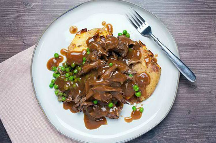 Bourbon Beef with Smashed Yukon Potatoes & Peas from Meal Village prepared meal delivery