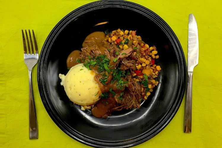 BRAISED BEEF WITH MASHED POTATOES & SCALLION CORN